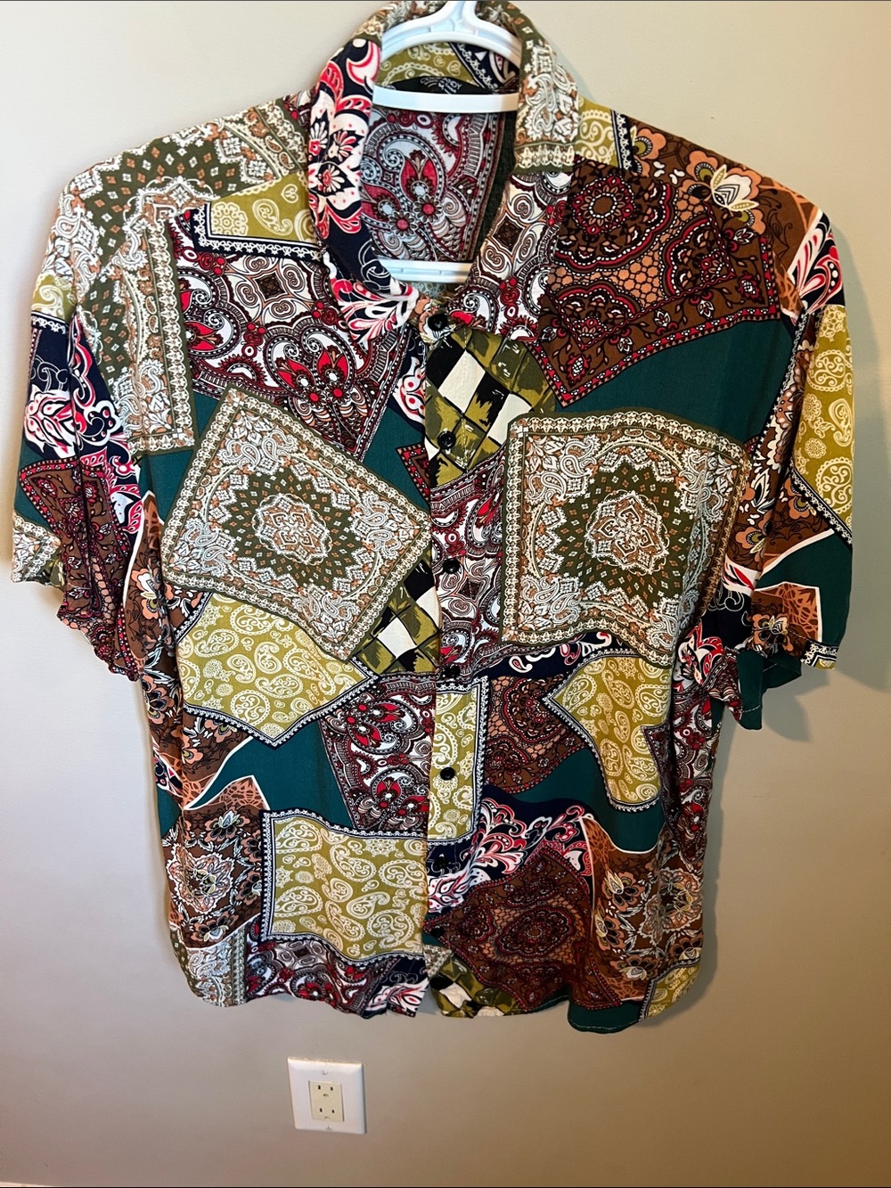 Men's Short Sleeve Patchwork Paisley Shirt - Green/Red/Gold Coofandy Size Med